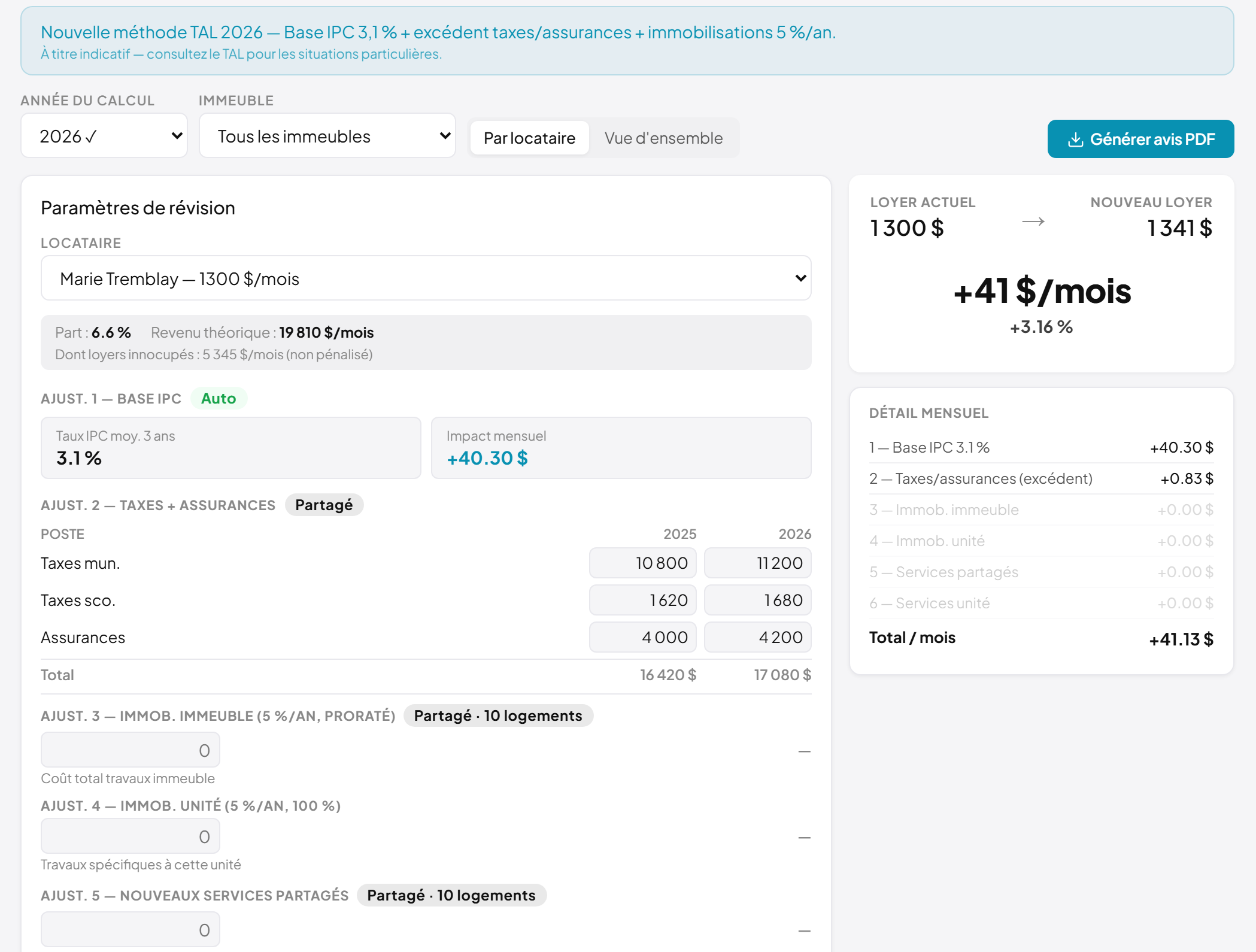 Aperçu du calculateur de hausse de loyer dans Kevly